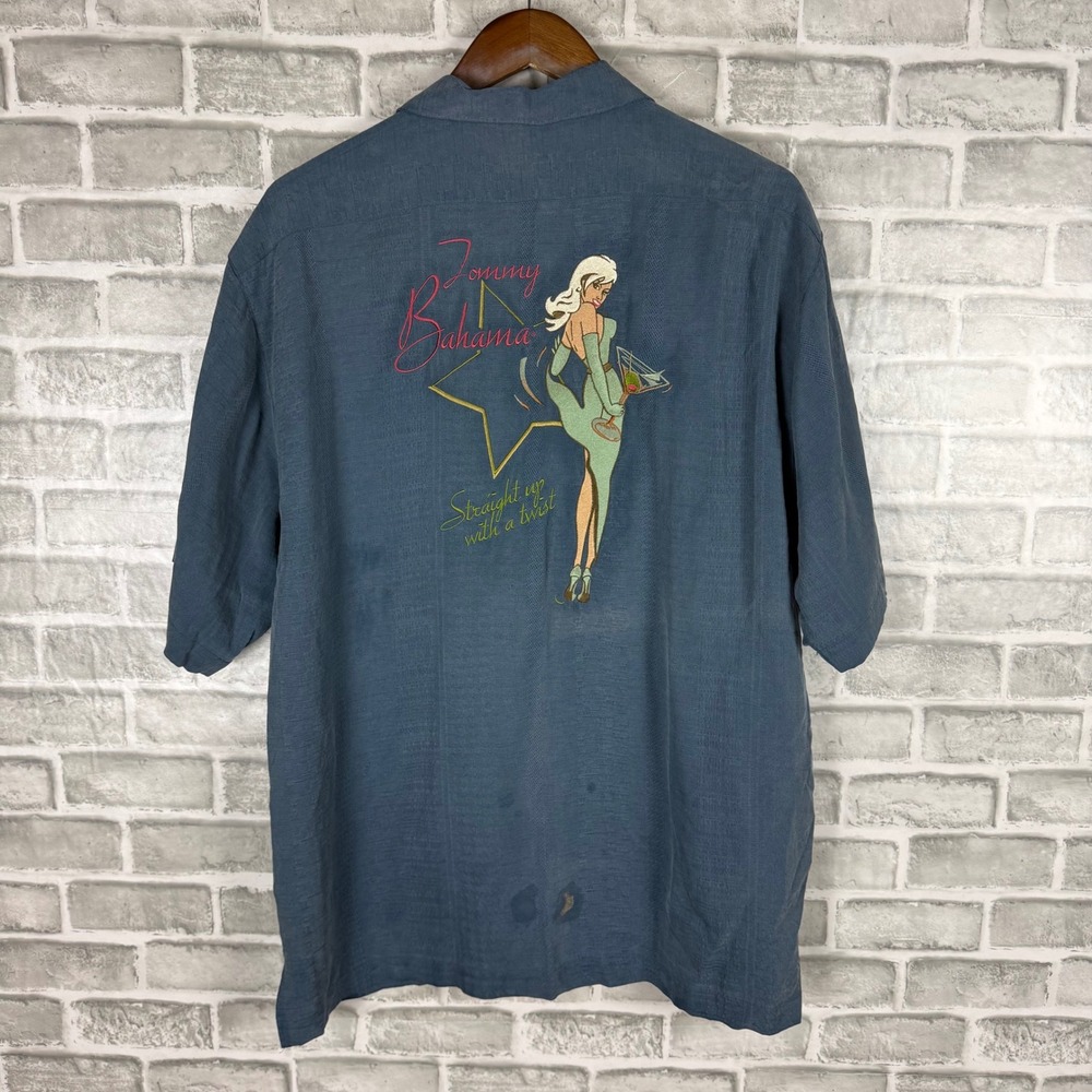 Tommy Bahama Mens Silk Camp Shirt Pin Up Girl Martini Embroidered Medium FLAWED